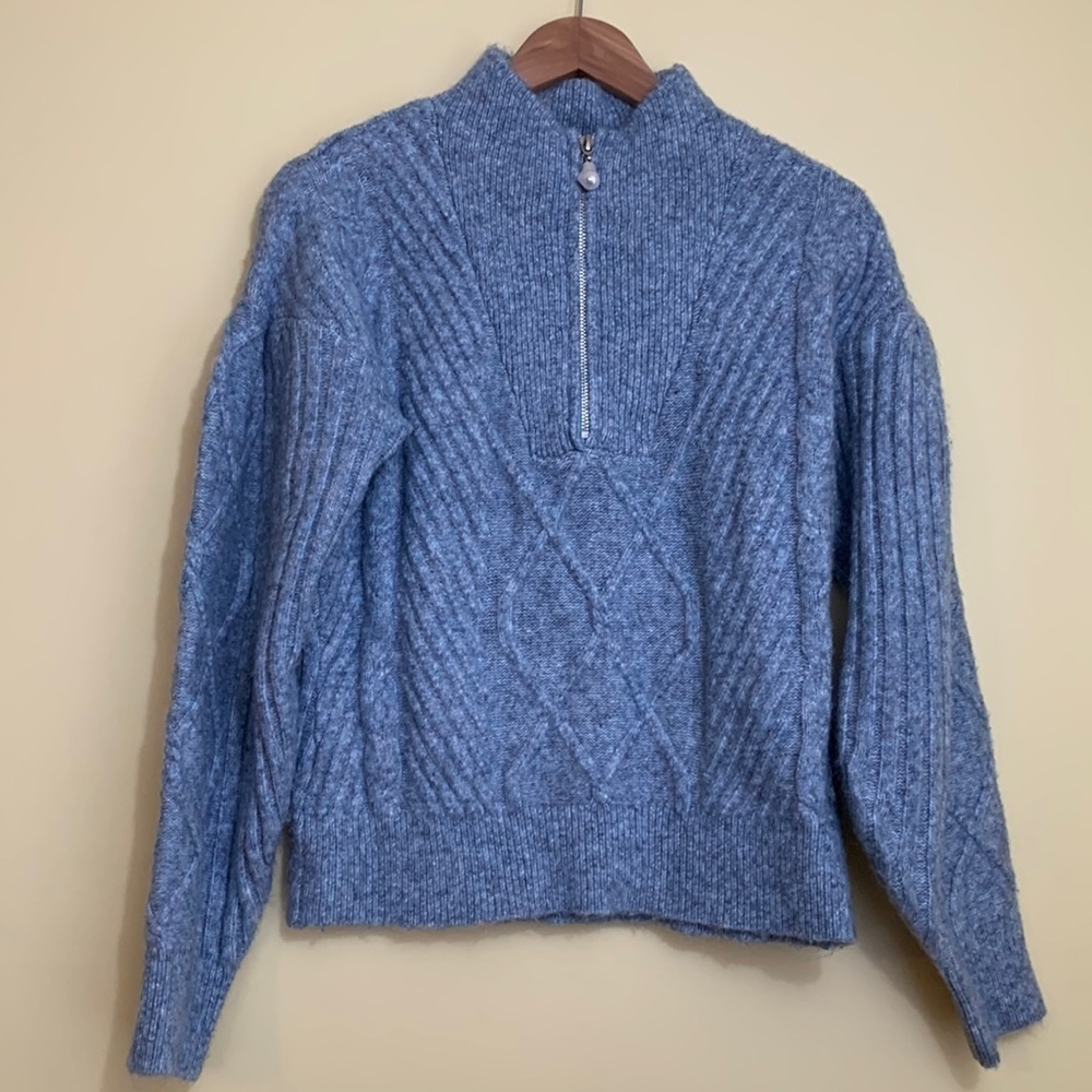 Broadway 38 | Blue Peppered Cable Knit Balloon Sleeve 1/4 Zip Pullover Sweater S